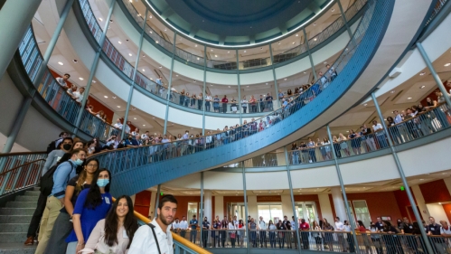 Students lined up on main staircase