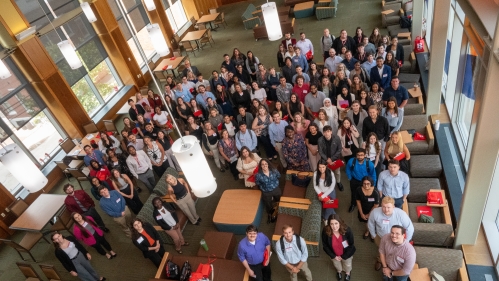 A large group of students gather at a welcome event for new Rutgers Law students in Fall 2023.