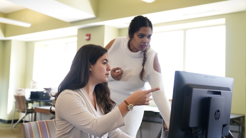 Two Rutgers Law students – one seated, one standing – participating in the Domestic Violence Clinic examine a document on a computer.