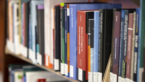 A close-up of books at the Rutgers Law School library.