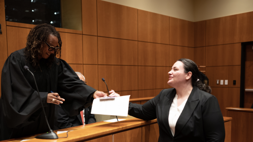 A law student engages with a judge during a clinic.