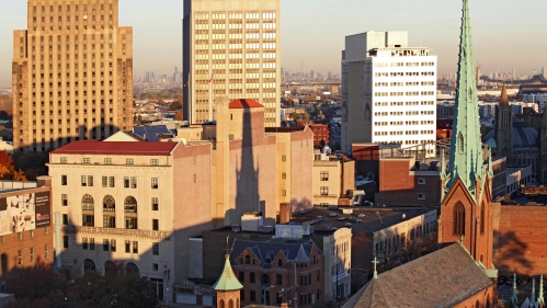 An aerial view of significant buildings in Newark, NJ.