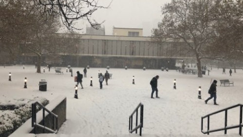 Children walk through a freshley snowed upon grassy lawn at Rutgers University in the winter.