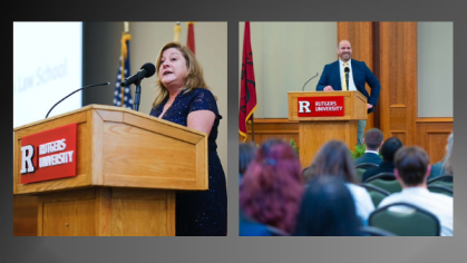 two separate photos of woman speaking at Rutgers podium and man speaking at Rutgers podium