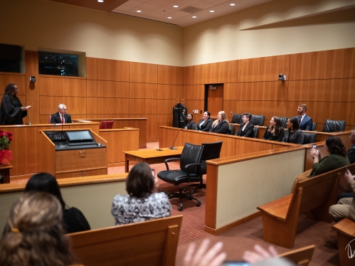 Students sitting in mock courtroom
