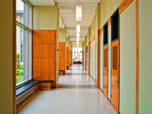 A hallway in a modern building at the Rutgers Law School campus.