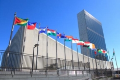 photograph of a building with many different flags in front of the entrance